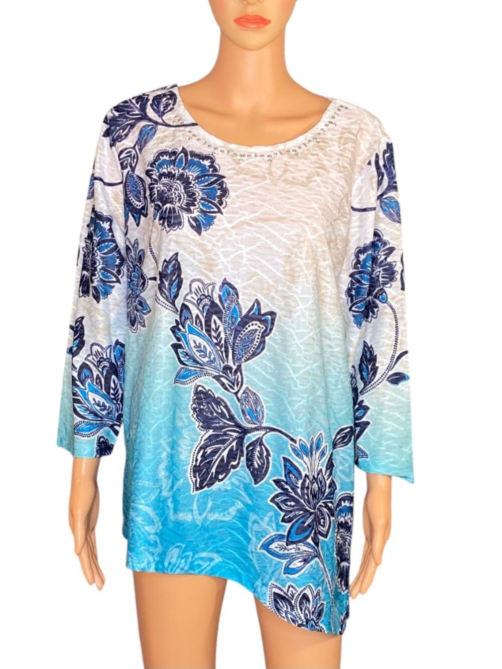 Alfred Dunner Tunic Top Coastal Grandma Floral Asymmetrical Hem Ombre Colors LG
